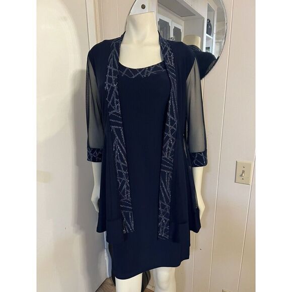 R & M Richards Womens 10P Embellished Navy Blue Dress with Matching Jacket - Picture 4 of 12